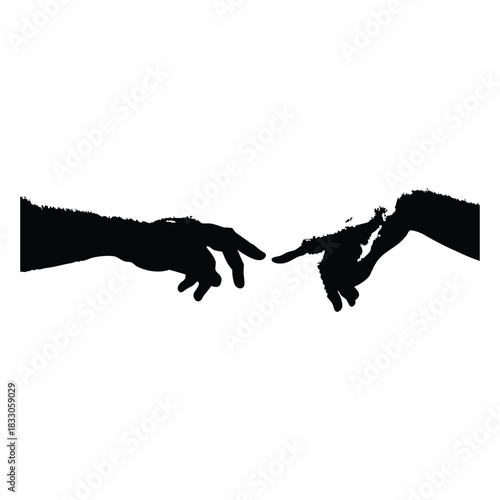Black and white vector illustration of two human hands reaching out to each other in classic vintage style
