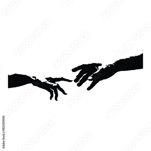 Black and white vector illustration of two human hands reaching out to each other in classic vintage style