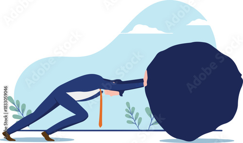 : Business hard work - Businessman pushing large rock, metaphor for effort and determination