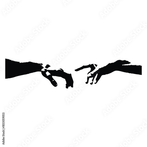 Black and white vector illustration of two human hands reaching out to each other in classic vintage style
