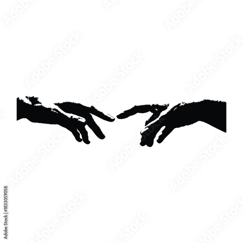 Black and white vector illustration of two human hands reaching out to each other in classic vintage style