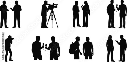 Media silhouette collection, journalist interview, cameraman filming, photographer pose, broadcasting scene, press activity, black figures, communication,