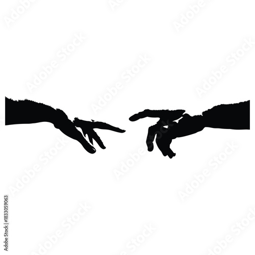 Black and white vector illustration of two human hands reaching out to each other in classic vintage style