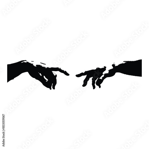 Black and white vector illustration of two human hands reaching out to each other in classic vintage style