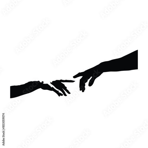 Black and white vector illustration of two human hands reaching out to each other in classic vintage style