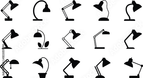 Collection of desk lamp silhouette icons in various styles perfect for illustrating study reading or office lighting concepts in a clean and minimalist design