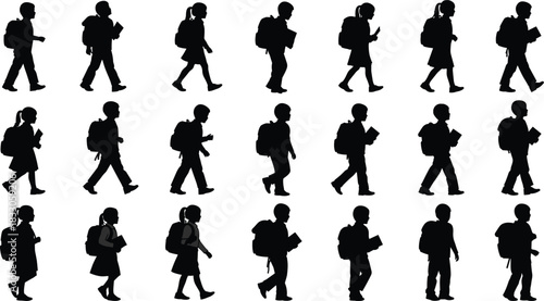 Schoolchildren silhouette collection, walking kids, student posture, backpack, book carrying, black figures, education, classroom, learning, children,