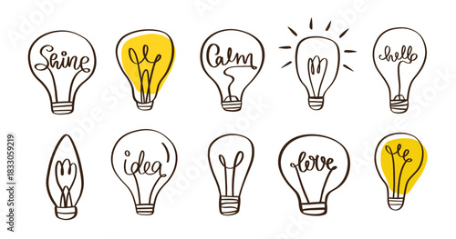 Vector Light Bulb Doodle Icons Set Electric Lamp