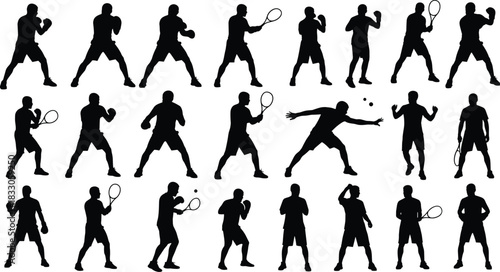 Silhouette collection of dynamic tennis player poses showing action, movement, fitness, racket sports training, athletic performance and competitive match activities