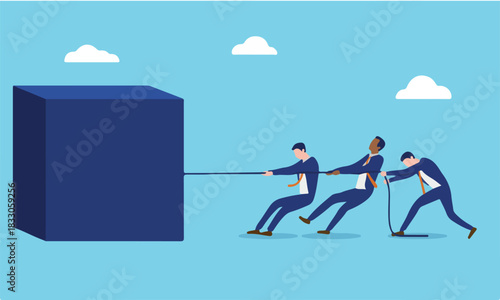 Business hard work - Businesspeople pulling bog block showing perseverance and determination to solve giant problem by working really hard. Corporate problem and adversity concept in vector design.
