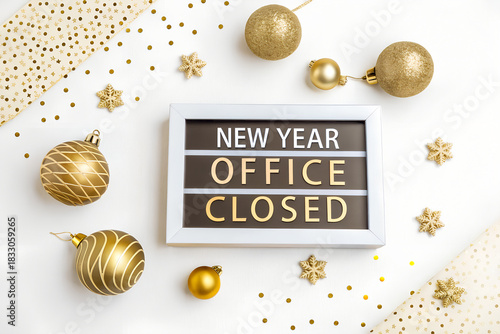 New Year Office Closed Sign with Gold Ornaments Flat Lay