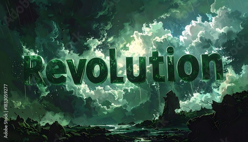 The Word 'Revolution' Over a Dark Fantasy Landscape with Dramatic Clouds