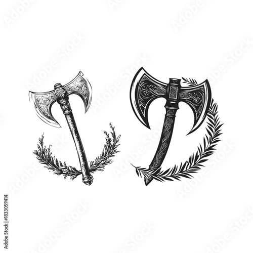 Vintage engraving or woodcut style illustration of a detailed double-bitted battle axe or Viking axe, featuring intricate Celtic knots and ornamental patterns on the blades