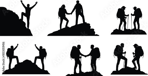 Silhouette hikers helping each other on mountain peaks, teamwork adventure outdoors, trekking support partnership, climbing success and wilderness exploration scene