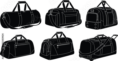 Duffel bag collection, travel essentials, gym gear, black silhouette, modern design, wheeled luggage, carry-on, compartments, straps, zippers, handles