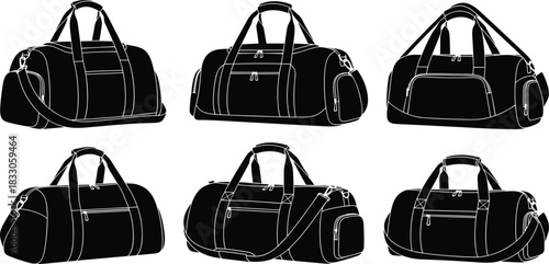 Duffel bag silhouettes, black outline, travel gear, gym bags, shoulder straps, compartments, zipper design, stylish utility, compact, versatile, modern