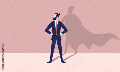 Business hero - Bearded hipster businessman standing proud and casting superhero shadow on wall. Heroic, courageous and brave man concept. Vector illustration.