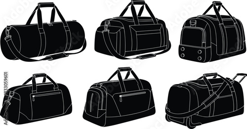 Duffel bag silhouettes, travel gear, gym bags, sports luggage, black outline, versatile design, carry-on, wheeled duffel, stylish utility, minimalist