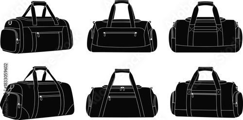 Duffel bag views, black silhouette, travel gear, gym bags, cylindrical shape, zipper pockets, handles, stitching detail, design angles, utility
