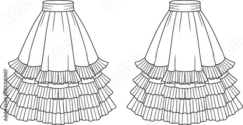 hand-drawn layered ruffle skirt illustration, vintage fashion design, pleated frills, elegant flared silhouette, apparel outline, textile concept, sewing pattern graphic, classic style artwork