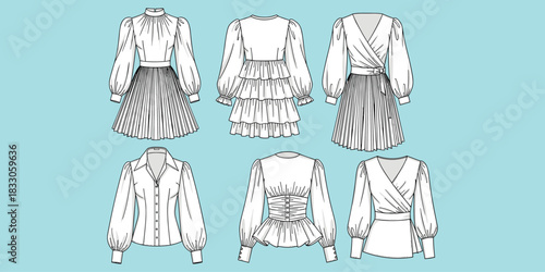 Fashion sketch, puff sleeve garments, stylish dresses, elegant blouses, peplum tops, wrap styles, pleated skirts, trendy outfits, flat vector illustration