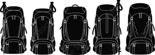 Hiking backpack silhouettes, trekking gear, travel equipment, black outline, zipper pockets, strap design, outdoor utility, rugged style, compact, ergonomic