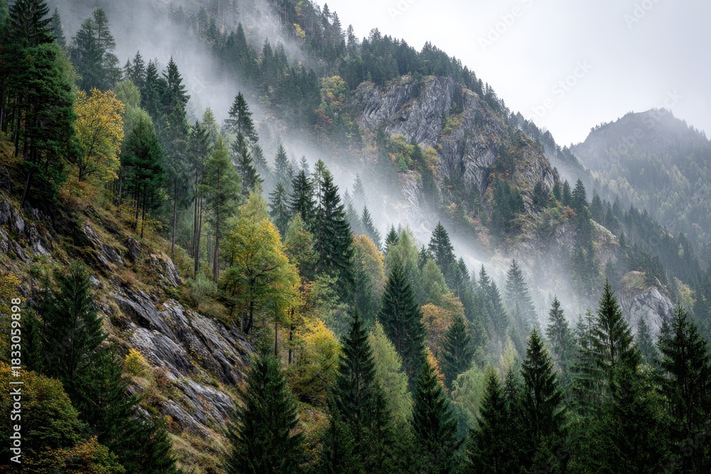 Obraz premium Fog drifts through a mountain landscape covered in dense evergreens. Use this photo to capture the serene beauty of nature in your design.