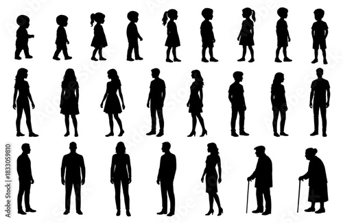 People of different ages silhouettes set. Vector flat illustrations of human age stages. From baby to senior silhouettes