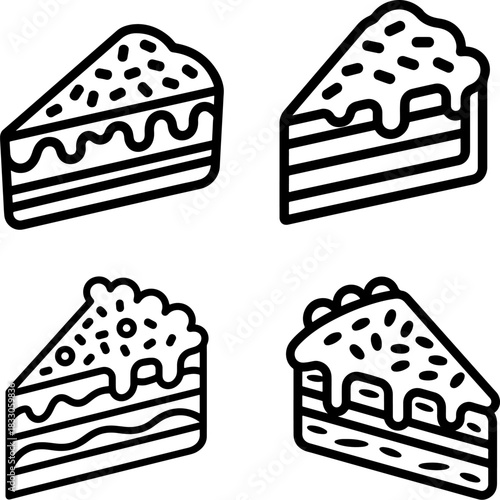 A set of four simple black and white vector icons showing different designs of layered cake slices topped with frosting sprinkles and drizzle. The style is bold and linear.