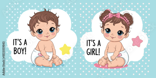 Baby gender reveal illustration, boy and girl, cute cartoon style, celebration theme, diaper babies, flat vector illustration