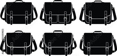 Messenger bag silhouettes, black outline, flap design, buckle straps, shoulder handles, satchel style, fashion gear, utility, modern, vintage