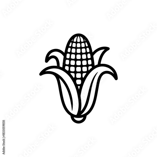 A simple black and white vector icon of a partially shucked ear of corn with visible kernels and husks. The style is bold and classic representing harvest and food.