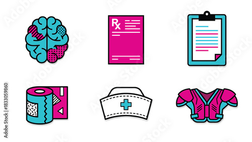 Medical & Sports Injury Icons: Brain Trauma, Prescription, Bandage, Nurse Cap, Football Gear