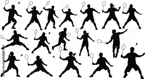 Vector badminton player silhouette set collection, man and woman in different poses playing with racket and shuttlecock for sport game design.