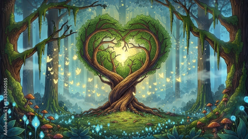 Fototapeta premium Enchanted heart shaped tree with glowing lights in a mystical forest isolated on white background