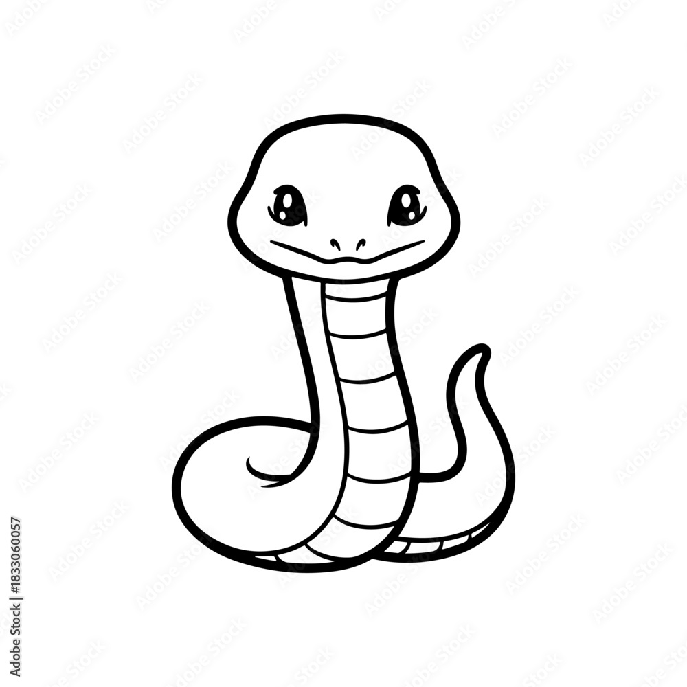Fototapeta premium A simple black and white vector drawing of a cute happy friendly coiled cartoon snake mascot with large eyes and tongue flicking out. The style is childlike and minimalist.