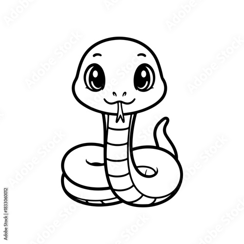 A simple black and white vector drawing of a cute happy friendly coiled cartoon snake mascot with large eyes and tongue flicking out. The style is childlike and minimalist.