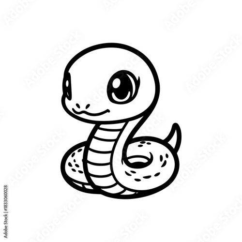 A simple black and white vector drawing of a cute happy friendly coiled cartoon snake mascot with large eyes and tongue flicking out. The style is childlike and minimalist.