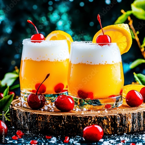 Refreshing summer drinks vibrant cocktails with cherries and citrus backyard food photography bright atmosphere close-up indulgence