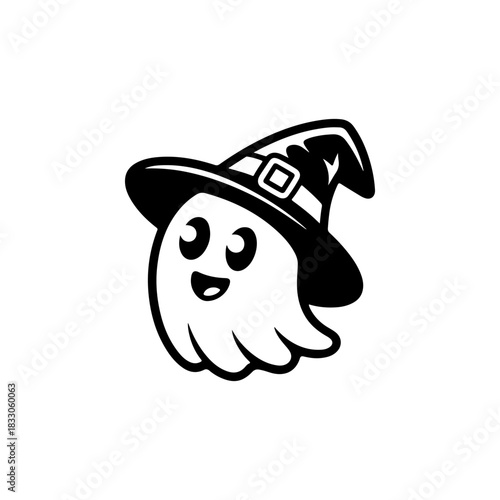 A simple black and white vector drawing of a cute surprised ghost mascot wearing a witch hat. The style is childlike and minimalist perfect for Halloween and spooky themes.