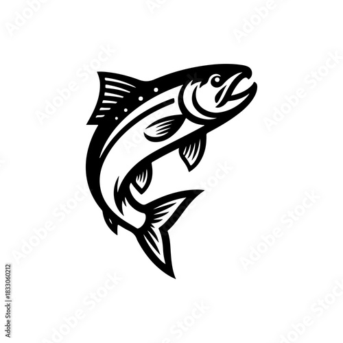 A bold black vector silhouette of a salmon or trout fish jumping out of the water. The design is simple and dynamic representing fishing nature and wild life.