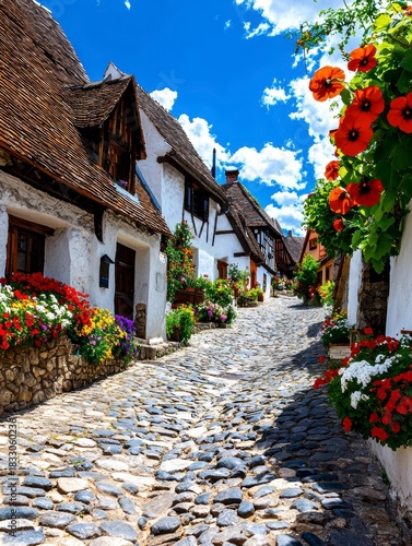 Charming cobblestone street quaint village travel photography scenic landscape daytime vibrant flowers