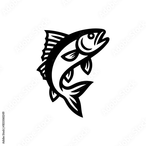A bold black vector silhouette of a salmon or trout fish jumping out of the water. The design is simple and dynamic representing fishing nature and wild life.