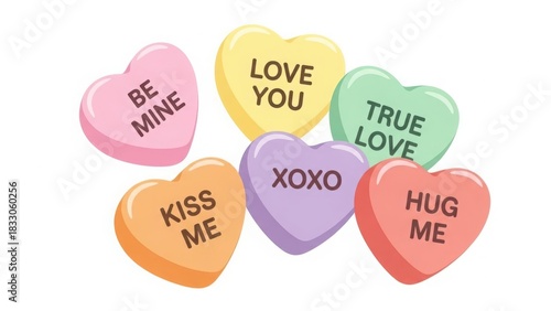 A collection of colorful heart shaped candy conversation hearts with romantic messages isolated on white background