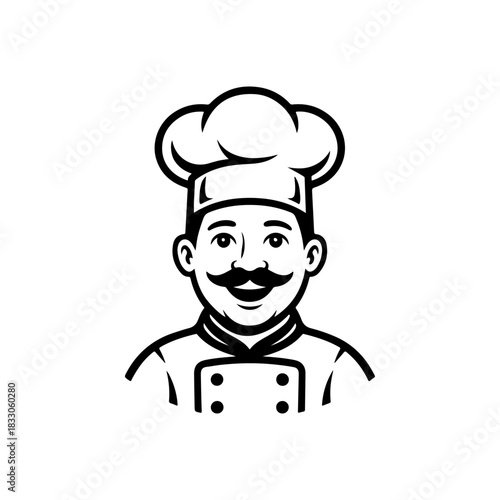 A simple black and white vector avatar of a professional smiling chef or baker wearing a toque hat and uniform. The man has a classic mustache and a friendly expression.