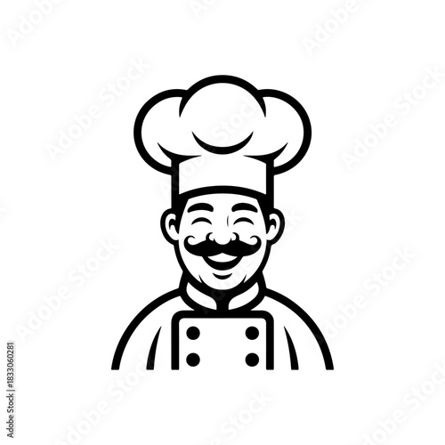 A simple black and white vector avatar of a professional smiling chef or baker wearing a toque hat and uniform. The man has a classic mustache and a friendly expression.