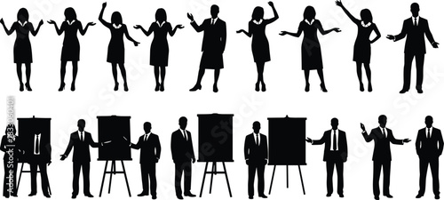 Vector business people silhouette set collection, man and woman in corporate attire standing and presenting at flip chart for office and meeting design.