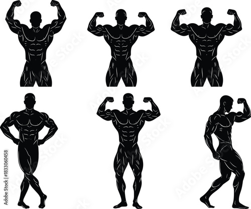 Vector bodybuilder and muscular man silhouette set, male athletes posing to show strength, muscle, and fitness for gym and weightlifting design.