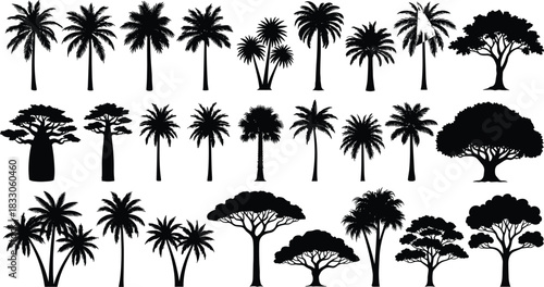 Large Set of Tropical and Exotic Tree Silhouettes, Including Palm Trees, Baobabs, and Savannah Species, Vector Graphic Collection for Travel, Landscape, and Nature Design Elements.