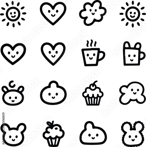 Adorable hand drawn doodle icons of cute faces and treats